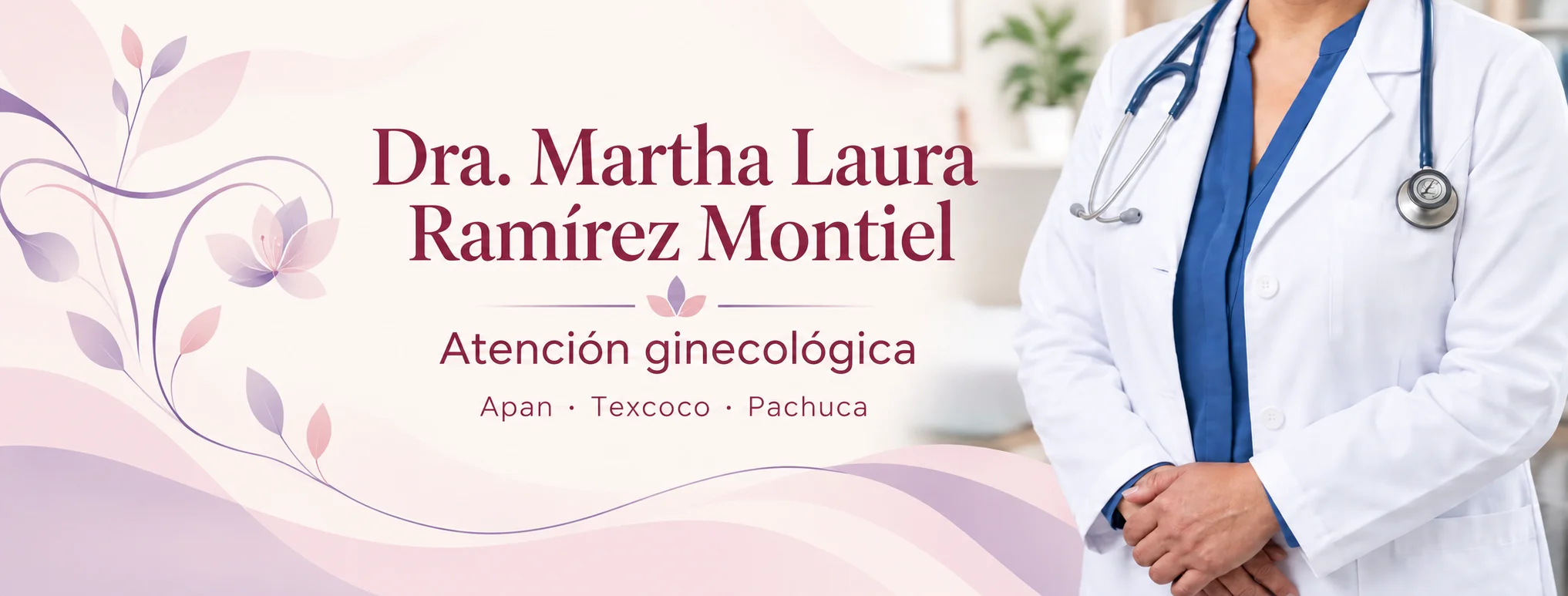 Recurso visual autorizado de atención ginecológica, con uniforme médico sin rostro visible y detalles florales en vino y lavanda.
